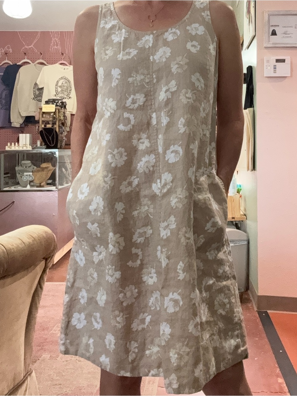 J Jill linen a line sleeveless taupe floral summer midi dress size small